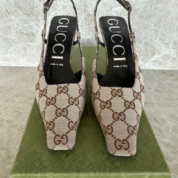 Gucci Aria 76 Monogram Slingback Mules Beige Ebony Sz38 - Picture 2 of 9